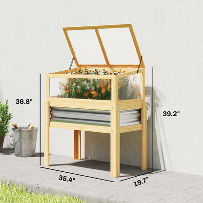 Outsunny Wooden Raised Garden Bed with Flip-Up Greenhouse Top, Raised Garden Bed with Legs and Bed Liner, Elevated Planter Box for Flowers, Vegetables, Herbs, Natural