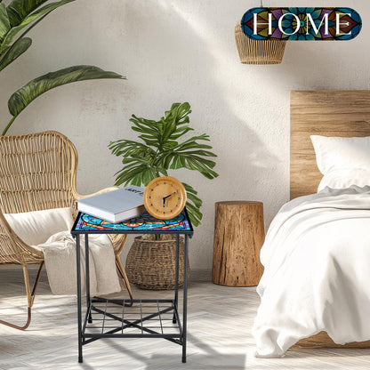 Cinnvoice Outdoor Side Table 2-Tier Storage Square Small Mosaic Patio Accent Indoor End Plant Coffee Tea Table for Yard Patio Porch Garden Living Room, Bedroom(Mandala Style)
