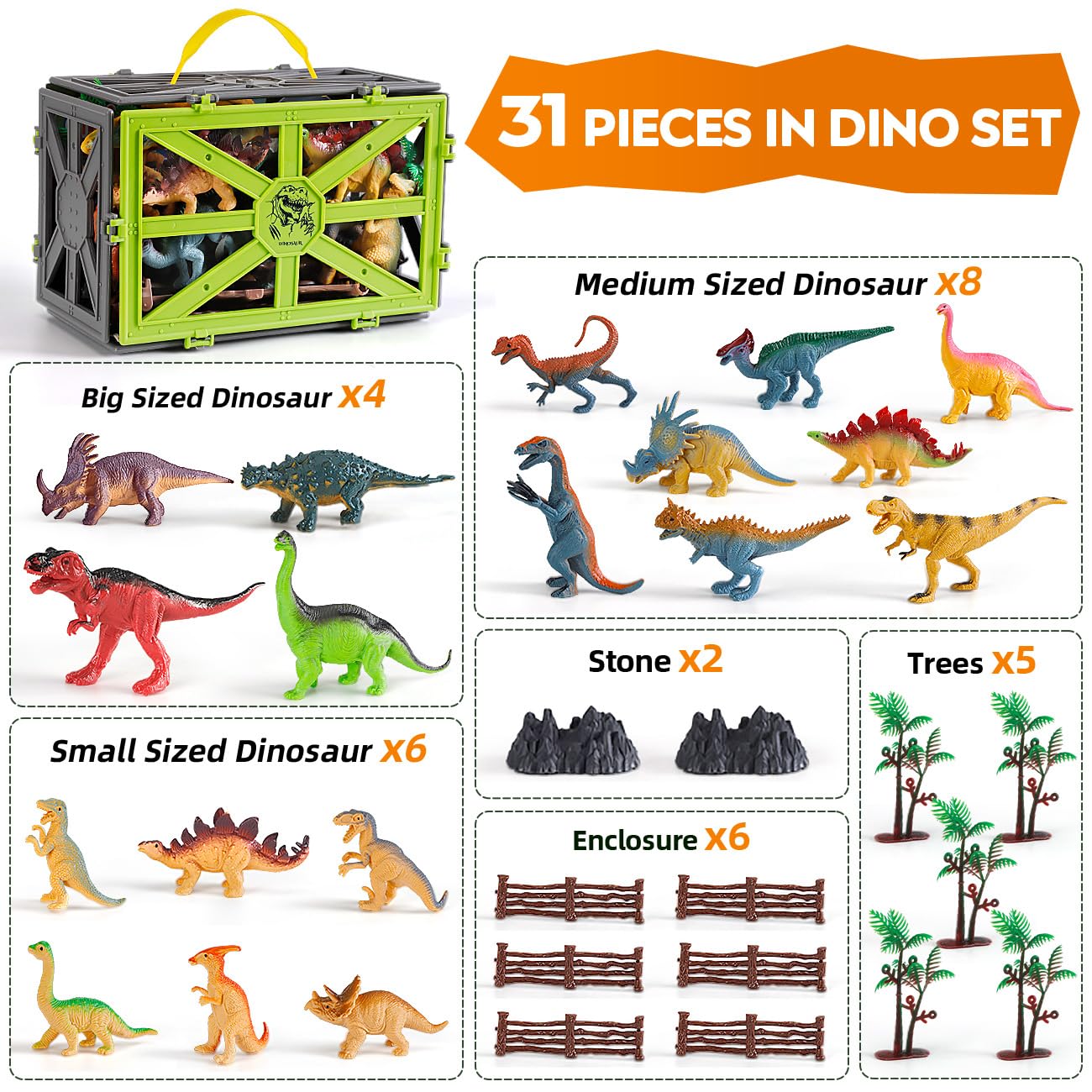 Kiddiworld Dinosaur Toys for Kids 3-5, 31PCS Realistic Plastic Dinosaur Figures with Stone&Tree&Fence in Storage Cage for Toddlers Ages 5-7, Dino Toys Gifts for 3 4 5 Year Old Boys Girls