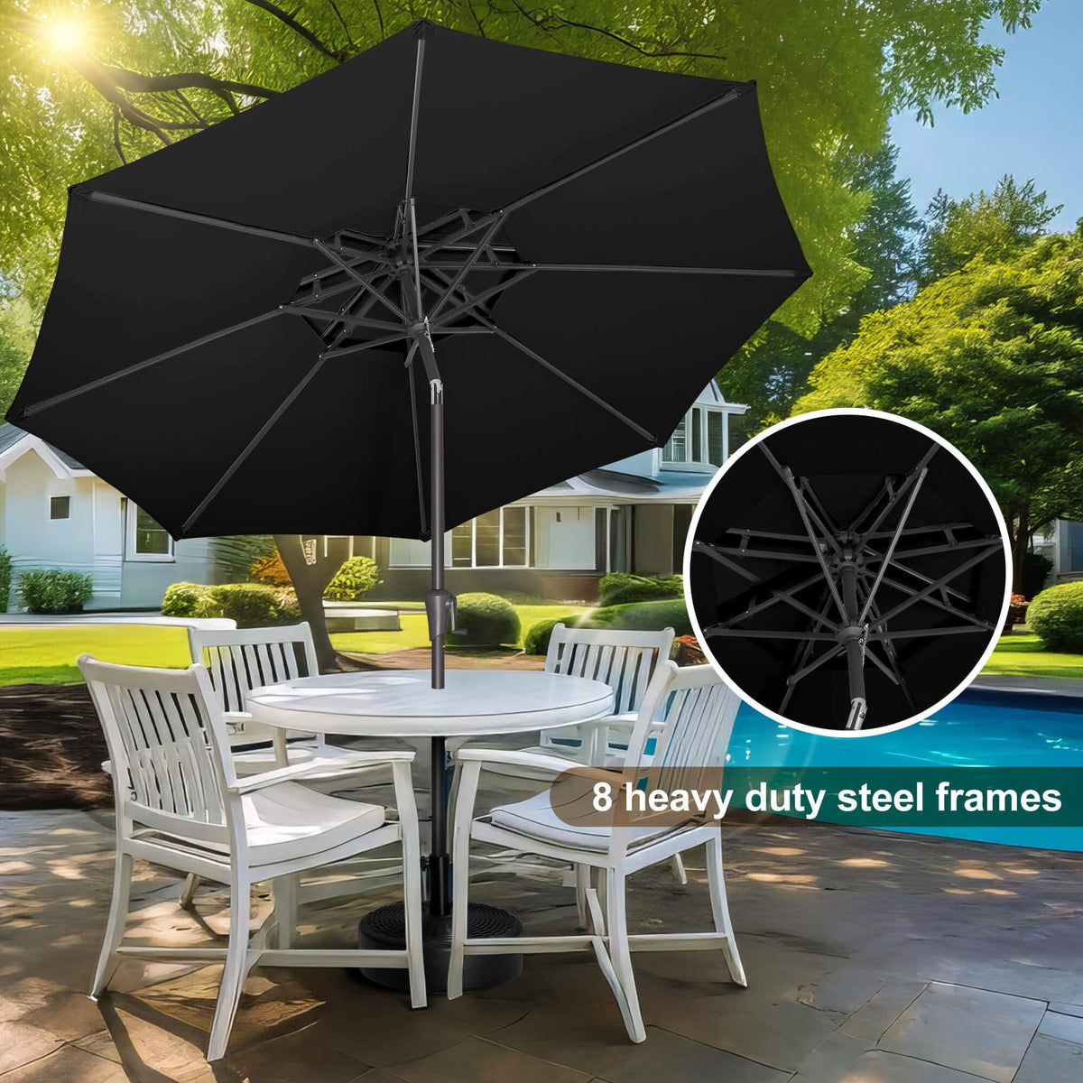 FLAME&SHADE 9ft Patio Umbrella - 2 Tiers Outdoor Umbrella with Push Button Tilt and Crank for UV Protection, Table Market Umbrella for Garden, Deck, Backyard, Pool and Beach(Black)