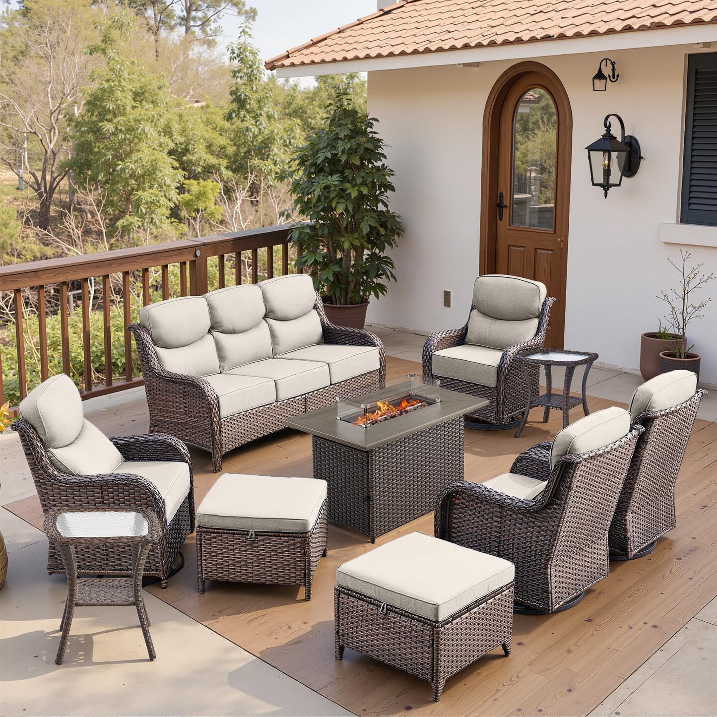 Belord Luxury 6" Thick Cushioned 10 Pieces Patio Furniture Set with Fire Pit Table, Wicker Outdoor Conversation Set with High Back Swivel Rocker Chairs for Deck Porch Yard and Poolside - Brown+Beige