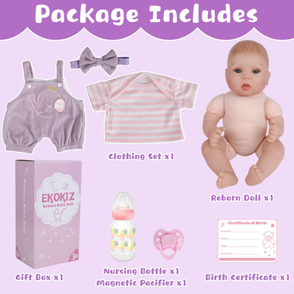 EKOKIZ Lifelike Reborn Baby Dolls - 18 Inch Realistic Baby Doll Cloth Body Newborn Girl with Elephant Outfit & Accessories, Gift Box Included for Kids Role Play, Cuddling & Collectors
