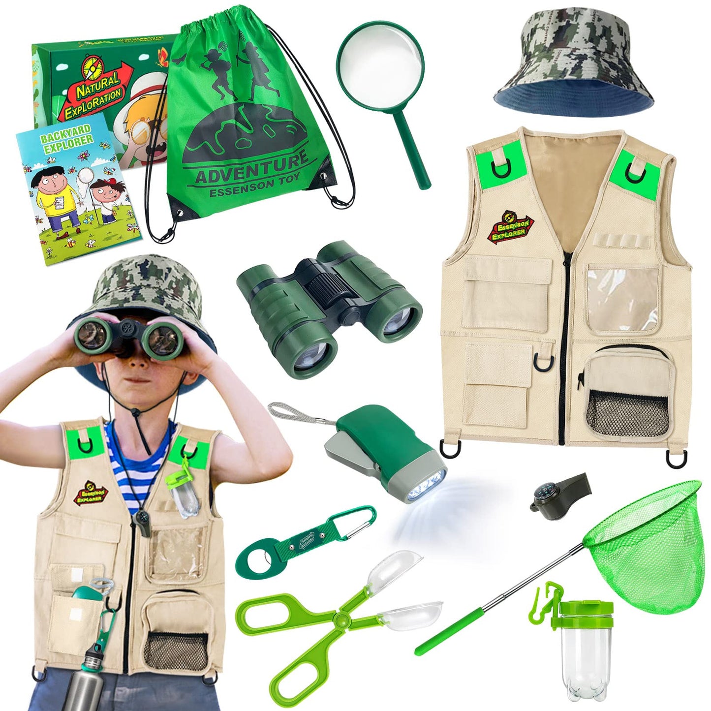 ESSENSON Outdoor Explorer Kit & Bug Catcher Kit with Vest, Outdoor Toy Gift for 3 4 5 6 7 8+ Year Old Boys Girls Kids Binoculars, Magnifying Glass, Butterfly Net, Camping, Adventure