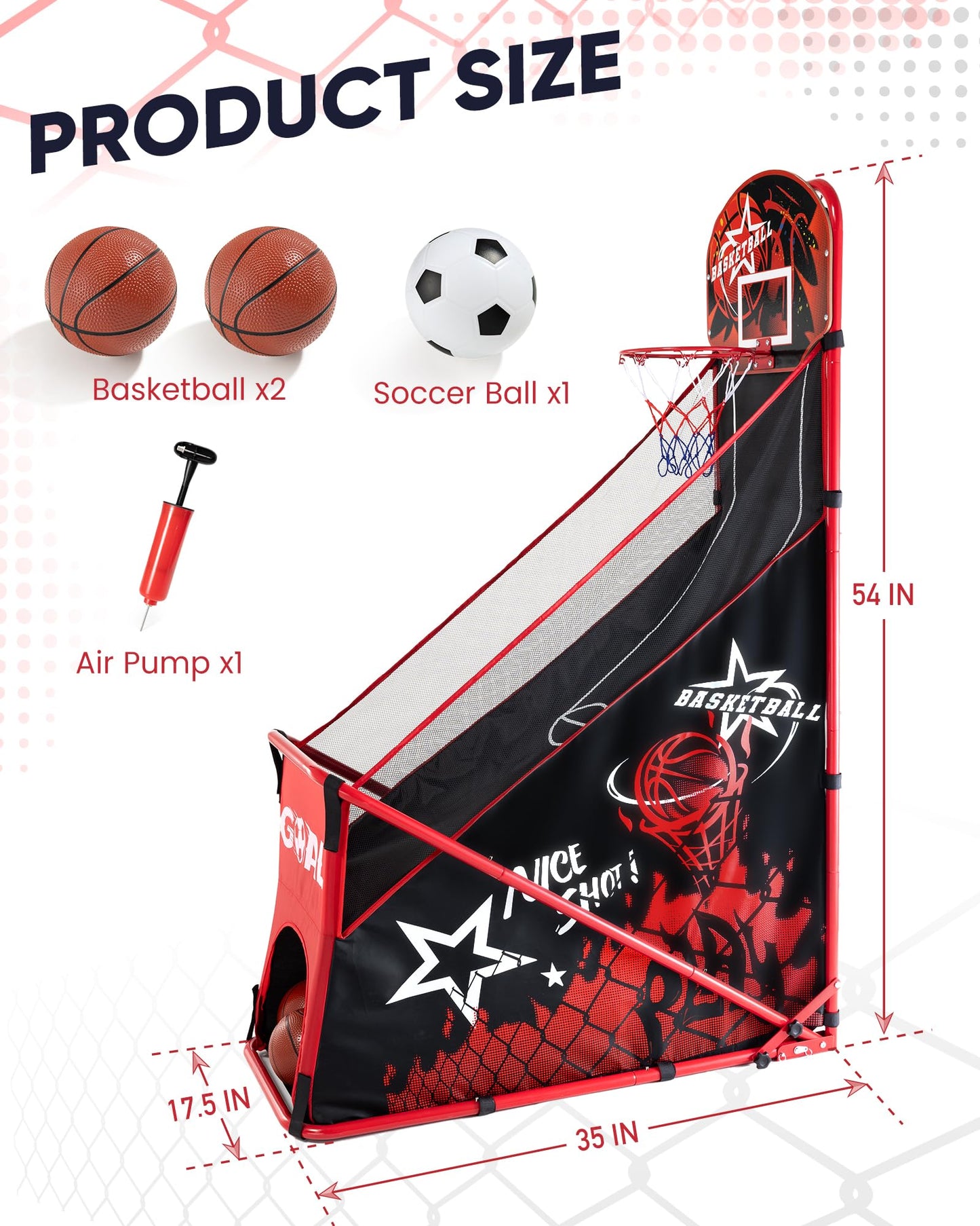 MerryMove Basketball Arcade Game for Kids: Foldable Basketball Hoop Set with Soccer Goal- Portable Indoor Outdoor Sports Play Toy- Gift for Ages 3-12 Boys Girls- Air Pump and 3 Balls Included