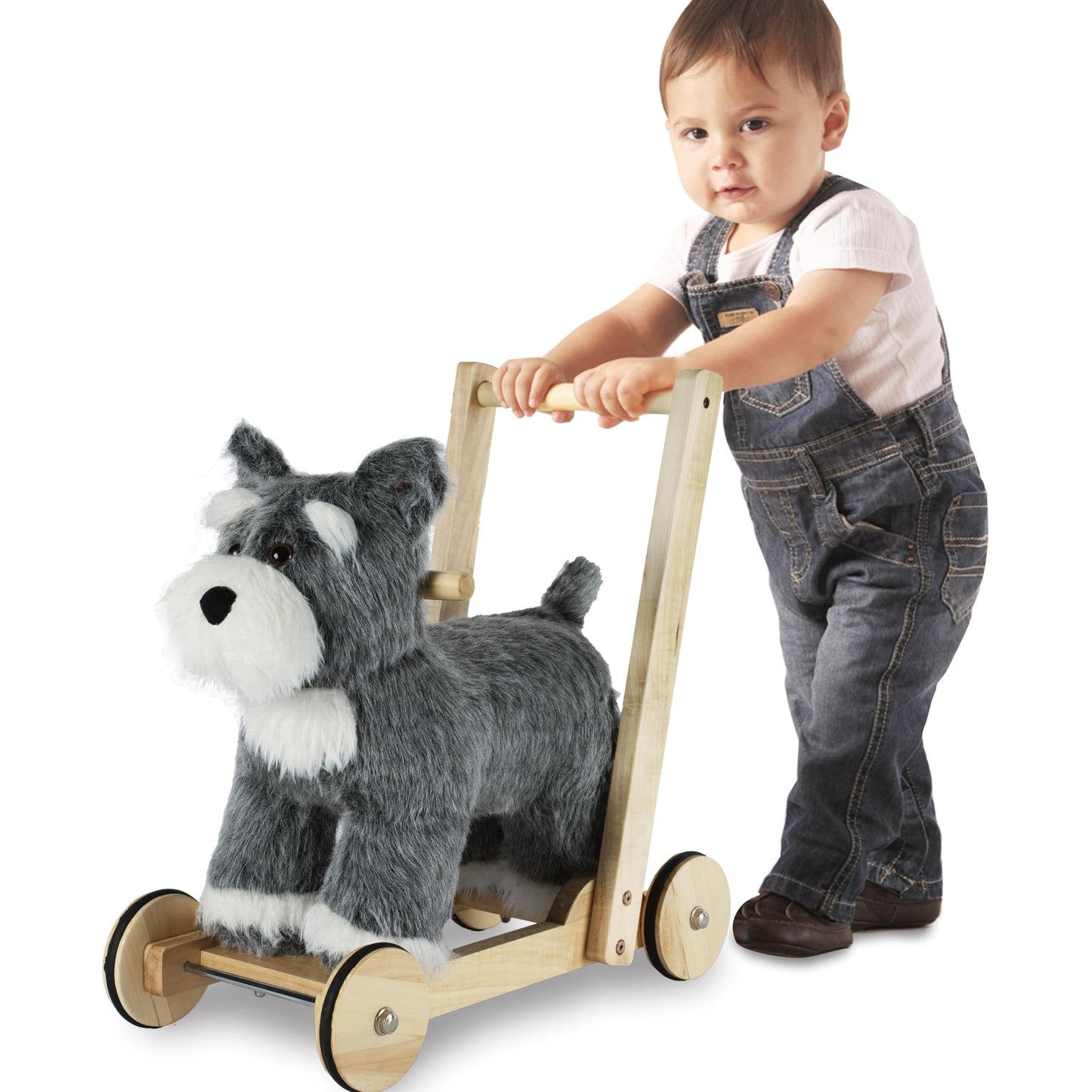 Rock My Baby Wooden Baby Walker, 2-in-1 Baby Push Walker & Ride On Toy for Toddlers 12M+, Learning to Walk Toy with Sweet Music, Soft Cuddly Dog Toy for Boys Girls (Schnauzer Dog) CPC Certified