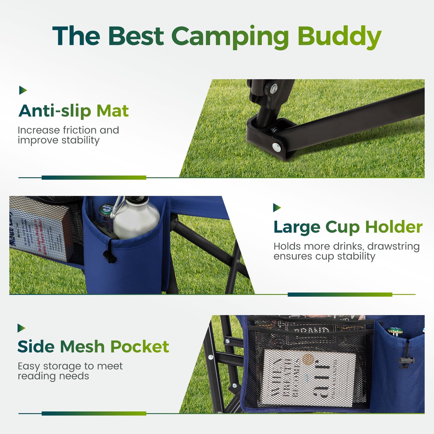 ALPHA CAMP Oversized Folding Camping Chairs High Backrest Heavy Duty Lawn Chairs for Adults Support 500 LBS Portable Camp Chairs with Cup Holders Large Side Pocket for Outdoor