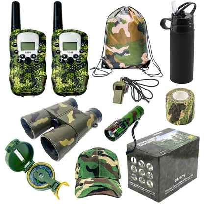CEREM Kids Explorer Kit - 10-in-1 Nature Explore Set with Walkie Talkies, Binoculars, Compass, LED Flashlight - Outdoor Adventure Kit for Boys and Girls - Complete Camping Gear Bundle