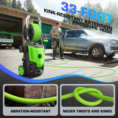 4800PSI Electric Pressure Washer- 3.8GPM High Power Washer with 33FT Hose Reel, 4 Spray Tips and Soap Bottle for Car Washing, Fence Cleaning, Patio Maintenance（Upgraded） (Green)