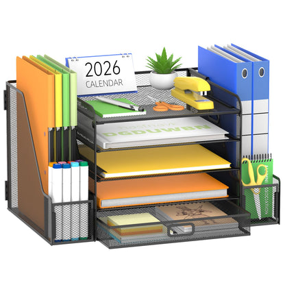SUPEASY Mesh Desk Organizer with File Holder, 5-Tier Paper Letter Tray Organizer with Magazine Holder, Desktop Organizer and Storage with Drawer for Office Supplies Home or School (Black)