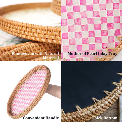 Tynulox Round Rattan Tray with Mother of Pearl Inlay, Rattan Serving Tray for Coffee, Bread, Fruits, Decorative Wicker Tray for Table Decor, Home Decor, Kitchen Island Decor(Pink Checkerboard, 11.8")