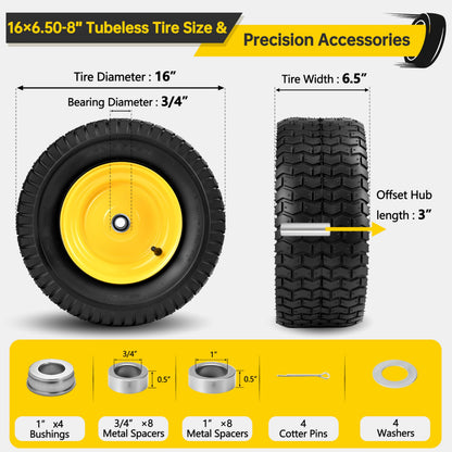 2 Pcs 16x6.50-8 Tubeless Lawn Mower Tire and Wheel, 16x6.5-8 Lawn Mower Tire, with 3/4" Bearing (extra 1" Bushing), 3-5" Offset Hub, 4-Ply Tubeless, 35 PSI, Fits Riding Mower & Lawn Tractors, 715 lbs