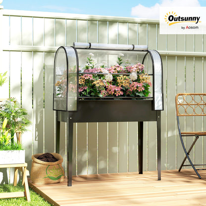 Outsunny Raised Garden Bed with Flip-Up Greenhouse Cover, Metal Elevated Garden Bed with Legs and Drainage Hole, Outdoor Raised Planter Box for Vegetables Herbs Flowers, 39.4" x 19.3" x 53.5", Black