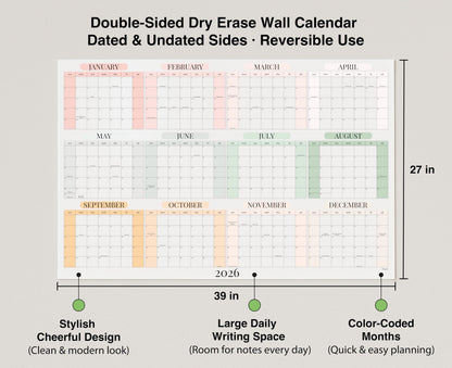Dry Erase Wall Planner (27×39 in) – Double-Sided Reusable Yearly Planner with Undated Planning Board & 2026 Calendar Reference, Large Laminated Write & Wipe Wall Calendar for Home, Office, Classroom