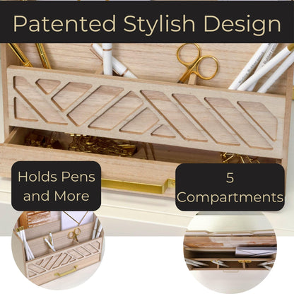 BLU MONACO | Wooden Mail Organizer with Drawer and Gold Handle | Outgoing Mail Holder and Letter Sorter for Desk | Natural Wood Desktop Paper Organizer