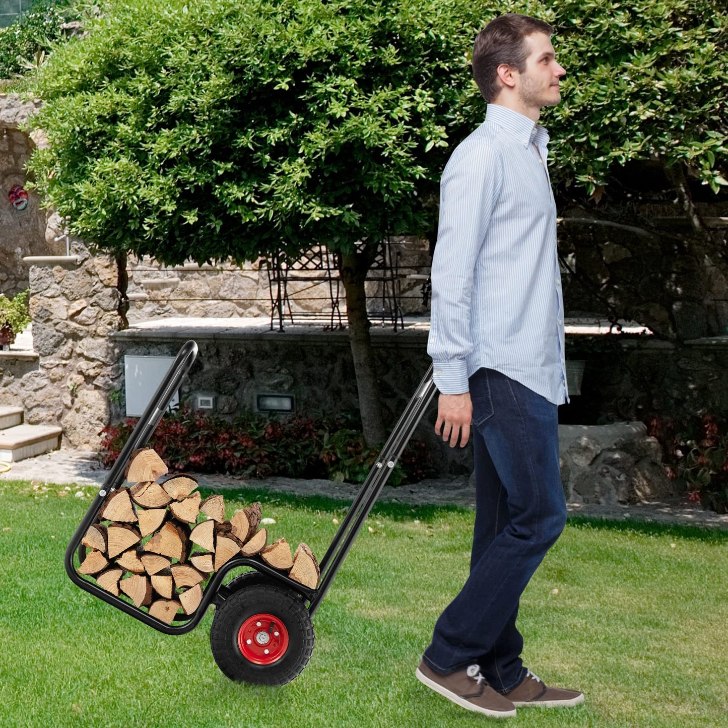 Goplus Firewood Cart with Wheels, Outdoor Indoor Rolling Fire Wood Log Cart with Pneumatic Rubber Tiers, 220 LBS Load Capacity Heavy Duty Steel Wood Storage Hauler, Log Holder Rack for Fireplace