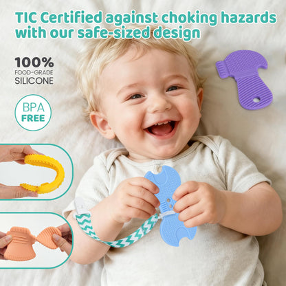 Baby Teething Toys, 4 Pack Silicone Baby Teether Toys with Pacifier Clips, Tool Shape for Babies 0-6 6-12 Months, Multi-Texture Gum Massage Teething Relief, Easy Grip for Newborn Infant Toddler