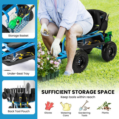 ERGOMASTER Rolling Garden Seat with Wheels, Adjustable 360° Swivel Workseat and Storage Basket, Extendable Handle, Outdoor Gardening Wagon Scooter, Blue