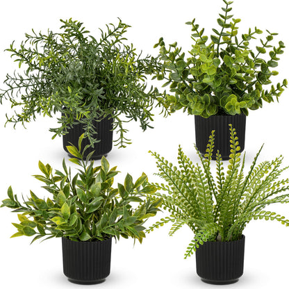 Hollyone 4 Pack Artificial Potted Plants Eucalyptus Rosemary Boston Fern ZZ Plant Fake Plant in Black Pot Small Faux Plant Greenery Aesthetic Indoor Home Decor Bathroom Bedroom Table Shelf Office