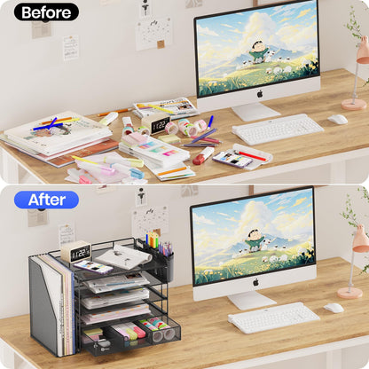 OPNICE Desk Organizer, 5-Tier Paper File Organizer with Drawer & Pen Holder, Office Desk Accessories, Workspace Desktop Organizer for Office Supplies(Black)