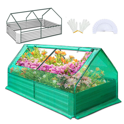 6 x 3 x 3 ft Galvanized Steel Raised Garden Bed, 2 Large Zipper Mesh Screen Windows Mini Greenhouse Outdoor, Bottomless Garden Bed with Greenhouse, Beds for Gardening, Flowers, Herbs, Vegetables
