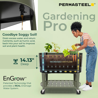 Permasteel Raised Garden Bed with Legs, Planter Box with EnGrow™ TrueSoil™ Technology for Vegetables, Flowers, Herbs, and Fruit, Outdoor Indoor, Storage Shelf, Caster Wheels, Green