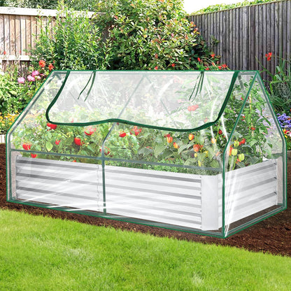 SEJOV 6x3x1ft Galvanized Raised Garden Bed with Cover & 2 Large Windows, Mini Greenhouses for Outdoors, Metal Planter Box Kit for Vegetables Flowers Herbs, 1 Pair of Gloves Included, Clear