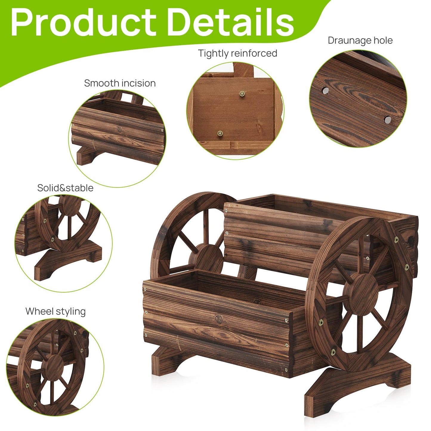 Wooden Wagon Planter Wooden Flower Cart with Wheels Outdoor Garden Planter, Decor Planter for Patio Balcony Decoration Succulent Flower Pot for Indoor Backyard Balcon planters (Carbonized)