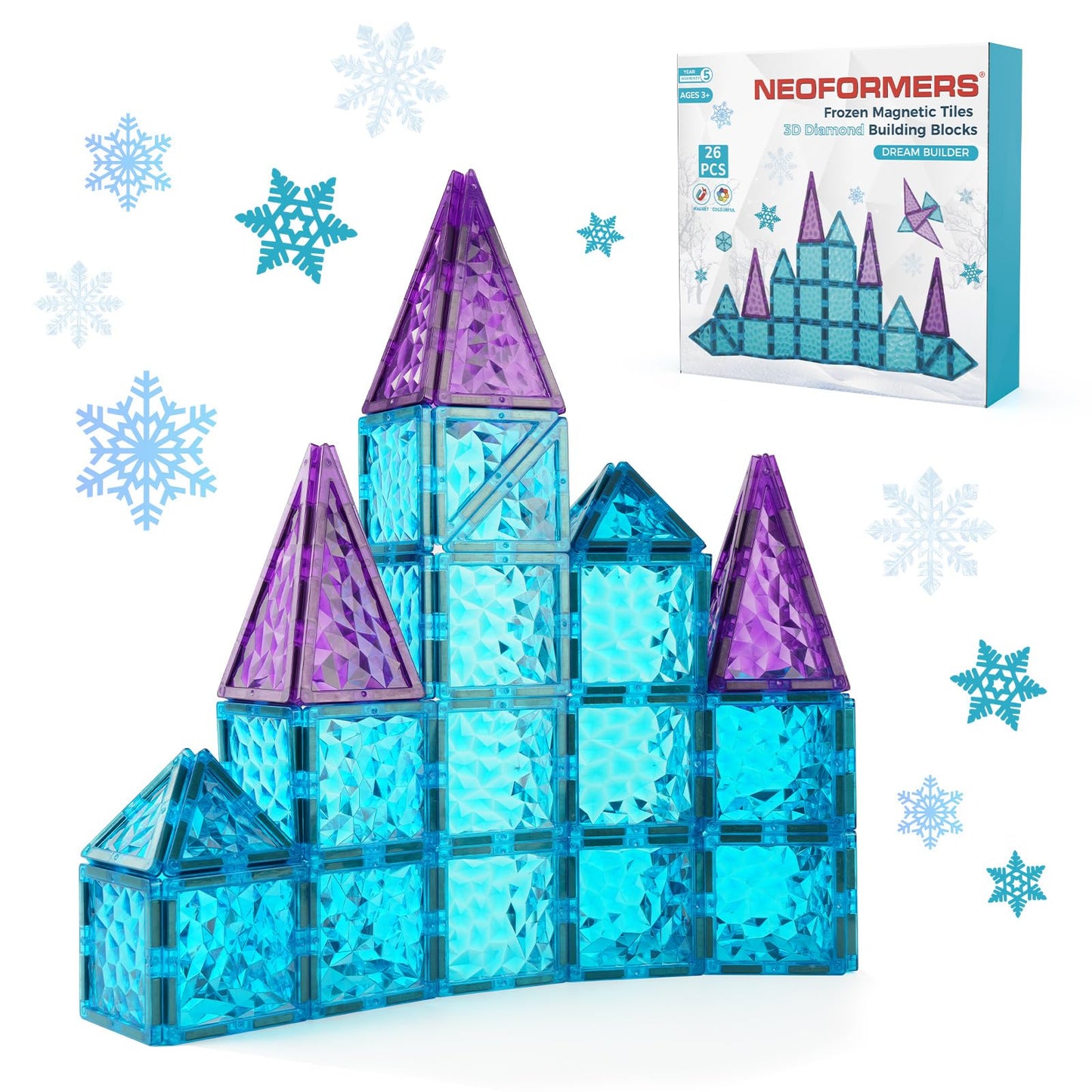 NEOFORMERS Magnetic Tiles 26 pcs Frozen Castle Magnetic Tiles - 3D Diamond Building Blocks, STEM Educational Kids Toys for Pretend Play, Birthday Gifts Montessori Sensory Educational Magnet Toys