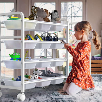 WGOHOSE Kids Toy Storage Organizer with Bookshelf & Fabric Book Sling, 12 Bins, Rolling Wheels, Metal Frame Toy Bin Shelf, Toy Box Organizer for Playroom Bedroom Nursery, White