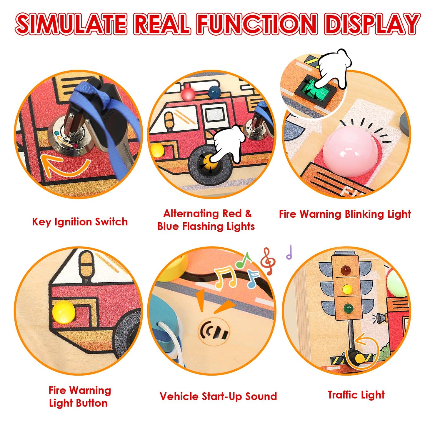 Wdmiya Montessori Busy Board for Toddlers 2-4, Fire Truck Activity Board with LED Lights & Sounds, Wooden Sensory Learning Toy with Rotary Phone, Helicopter & Gears, for 2 3 4 Year Old Boys Girls Gift