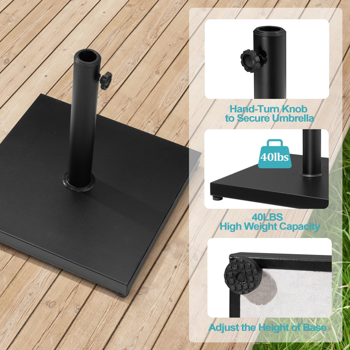 VredHom 43lb Patio Umbrella Base Stand, Outdoor Square Concrete Stand Heavy Duty Market Umbrella Pole Holder, Black