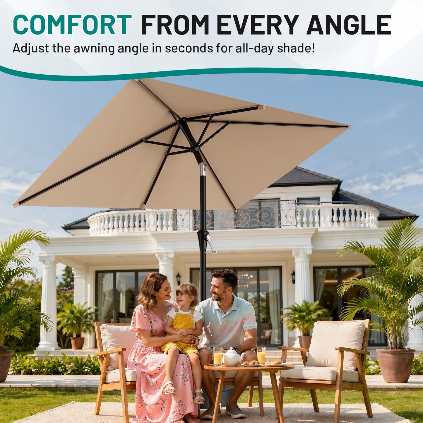 AreShark 6.5' x 10' Rectangular Patio Umbrellas for Outdoor, Outdoor Table Umbrella, Large Outdoor Patio Umbrellas with 6 Sturdy Ribs for Pool, Garden, Deck & Market (Beige)