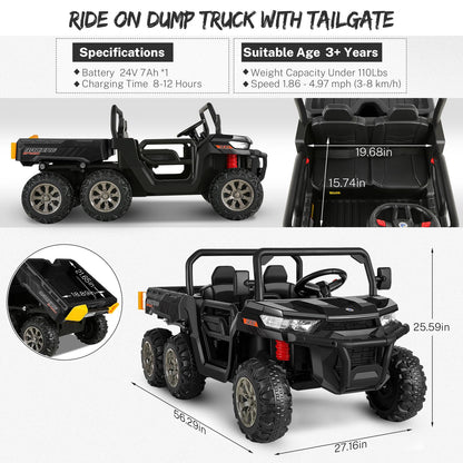 Hikole 2 Seater Ride on Car with Remote, 24V Kids Electric Cars w/Dump Bed, 6 Suspension, 4WD, 3 Speeds, Music, Storage Trunk-6x6 Ride On UTV Truck for Big Kids Boys Girls Age 3-8, Black