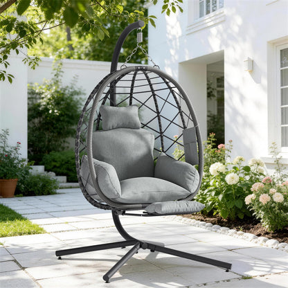 Suteck Hanging Egg Chair with Adjustable Footrest & Stand, Indoor Outdoor Wicker Egg Swing Chair with Cushion, 330lbs Capacity for Patio, Bedroom, Garden - Grey