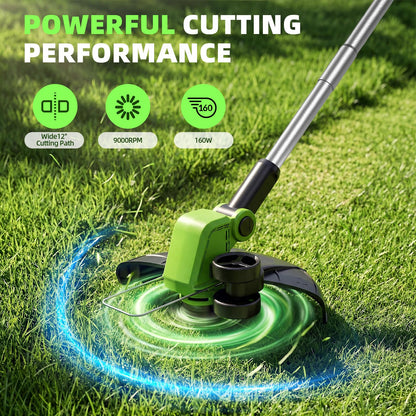 21V Weed Wacker Cordless & Lawn Edger, 9000RPM Electric Weed Eater with 2x2.0Ah Battery, 12" Auto Line Feed String Trimmer with 8 Pcs Spools, Lightweight Edger Lawn Tool for Yard, Green