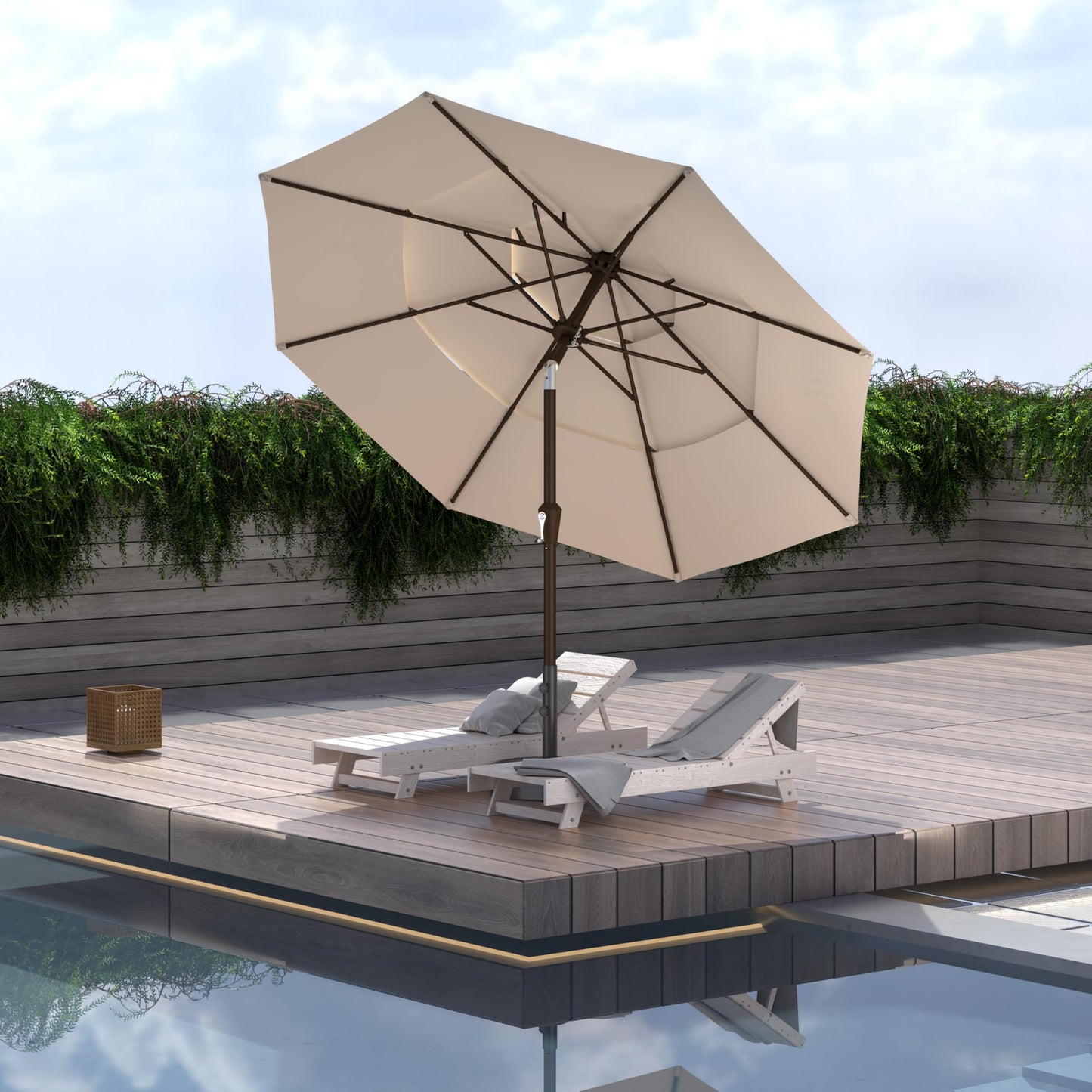 Ayge 9FT 3-Tier Large Outdoor Patio Umbrella Market Table Umbrella-UV Resistant,Easy Push Button Tilt and Crank,8 Sturdy Fiberglass Ribs Heavy-Duty Pool Umbrella for Deck,Backyard,Garden,Yard,Beige