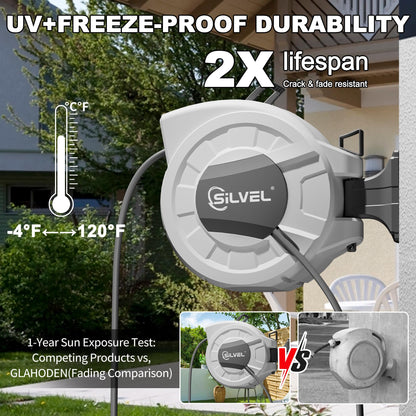 SILVEL Retractable Garden Hose Reel, 1/2 in x 110ft Wall Mount Heavy Duty Automatic Hose Reel with 10 Pattern Nozzle, Any Length Lock & Slow Return System, 180°Swivel Bracket Upgraded UV Resistant