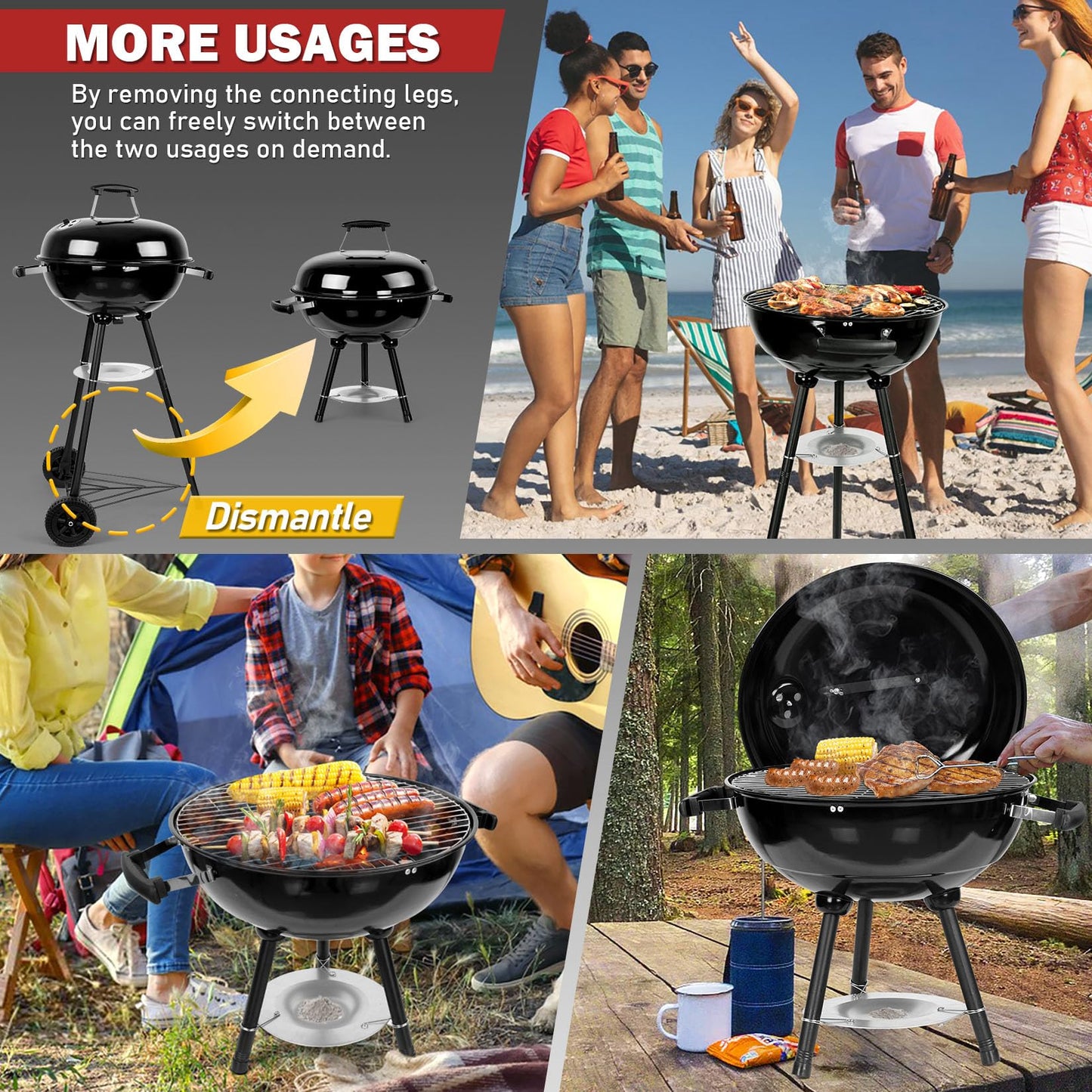 Joyfair Kettle Charcoal Grill (18 Inch), Outdoor Barbecue Grill for Camping/Backyard/Tabletop Grilling, Portable Round Smoker with Wheels, Enameled Lid & Fire Bowl, Dual Venting System, Black
