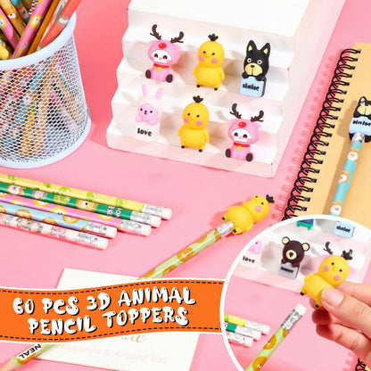Ireer 60 Pcs Scented Pencils for Kids Animal Fruit Fun Smelly Pencils Bulk HB Graphite with 60 Pcs Cute Cartoon Toppers Gift for School Office Classroom Party Reward Supplies(Cute Style)