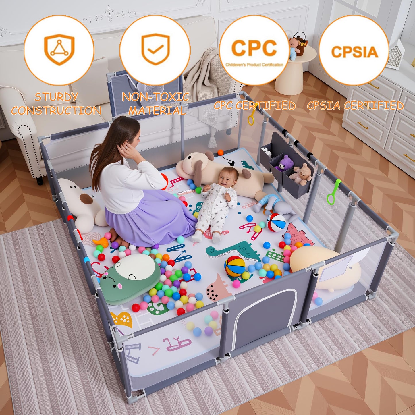 Baby playpen, 79"x71"Baby Playpen with Mat Indoor＆Outdoor Playpen for Babies and Toddlers with Breathable Play Pen with Ocean Balls Hanging Pocket Basketball Hoop (Gray)
