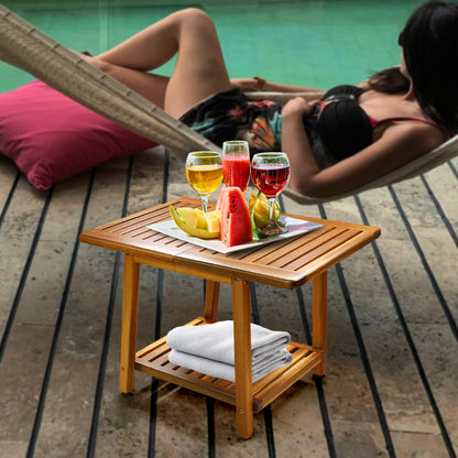 ENKEZI Acacia 24 Inches Outdoor Side Table, 2-Tier Sturdy Patio, End Table Weather Resistant, Strong Stability Side Table for Patio, Pool, Porch, Teak Finish (Large)