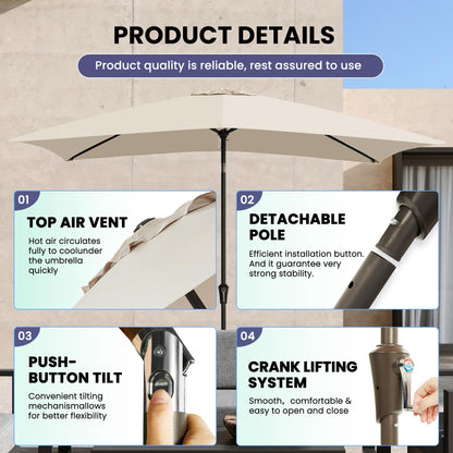 Ayge 6.5x10FT Rectangular Patio Umbrella Outdoor Table Umbrella w/Push Button Tilt & Crank Rectangle Market Umbrella UV Protection for Garden,Deck,Lawn,Yard & Pool,Beige