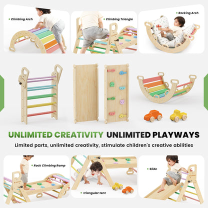 BlueWood Pikler Triangle Set with Cushion - Climbing Toys for Toddlers 9-in-1, Montessori Philosophy Play Jungle Gym with Arch, Ramp, Ladder (Rainbow)