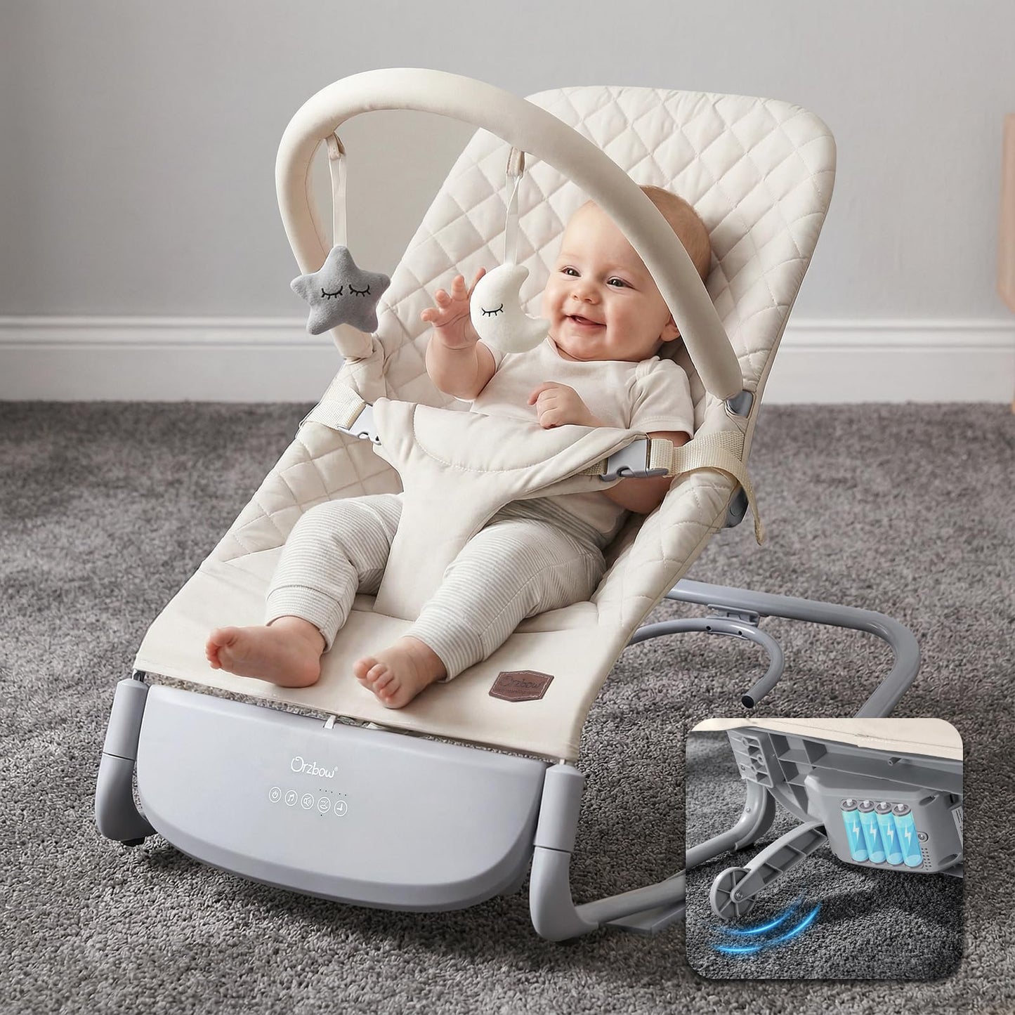 Orzbow Electric Baby Bouncer & Rocker with Innovative Auto Rocking Motion, Adaptable 3-Speed, Smart Tap Sensing, Soothing Sounds, and 3 Recline Positions, 2-in-1 Automatic Baby Rocker Chair, Beige