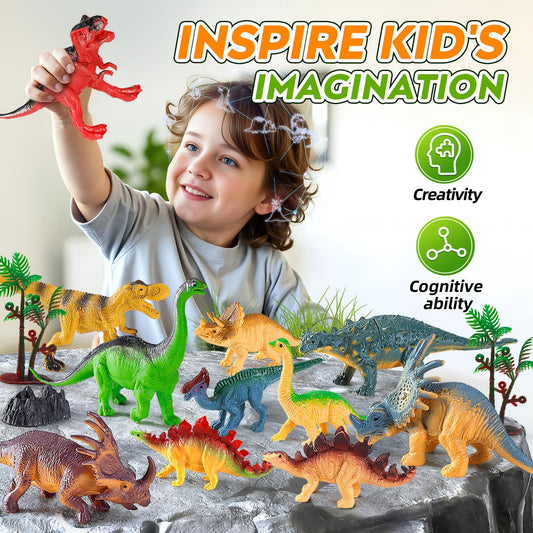 Kiddiworld Dinosaur Toys for Kids 3-5, 31PCS Realistic Plastic Dinosaur Figures with Stone&Tree&Fence in Storage Cage for Toddlers Ages 5-7, Dino Toys Gifts for 3 4 5 Year Old Boys Girls