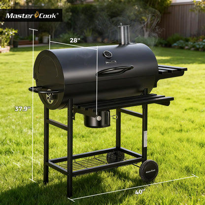 MASTER COOK Barrel Charcoal Grill with Foldable Front Shelf, 686 Sq.in. Cooking Area Outdoor bbq Grill,Thermometer and Adjustable Air Vents for Patio, Parties,Backyard, Tailgating, Black