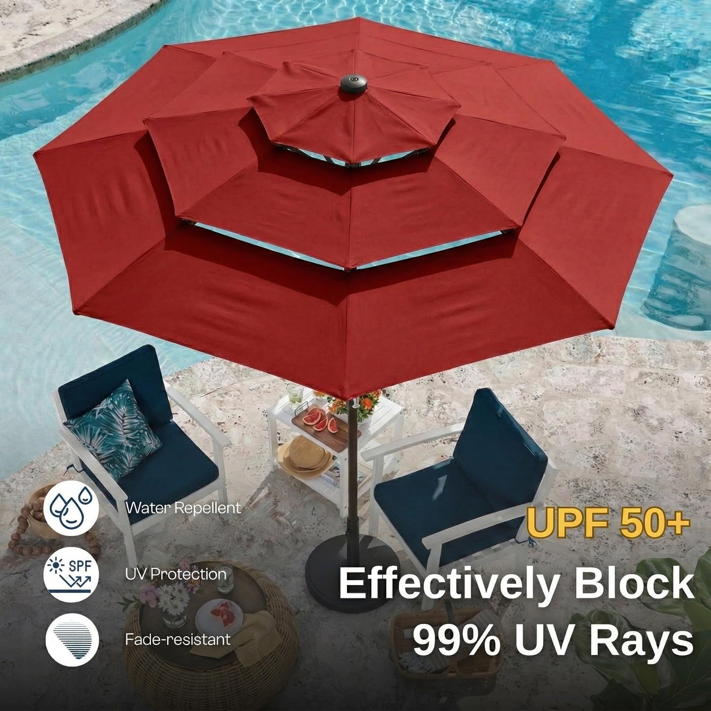 Tobeos 10ft 3 Tier Patio Umbrella, Outdoor Market Table Umbrella with UPF 50+ Vented Canopy, 8 Sturdy Ribs, Easy Push Button Tilt and Crank, Windproof for Deck, Pool, Backyard and Garden, Red
