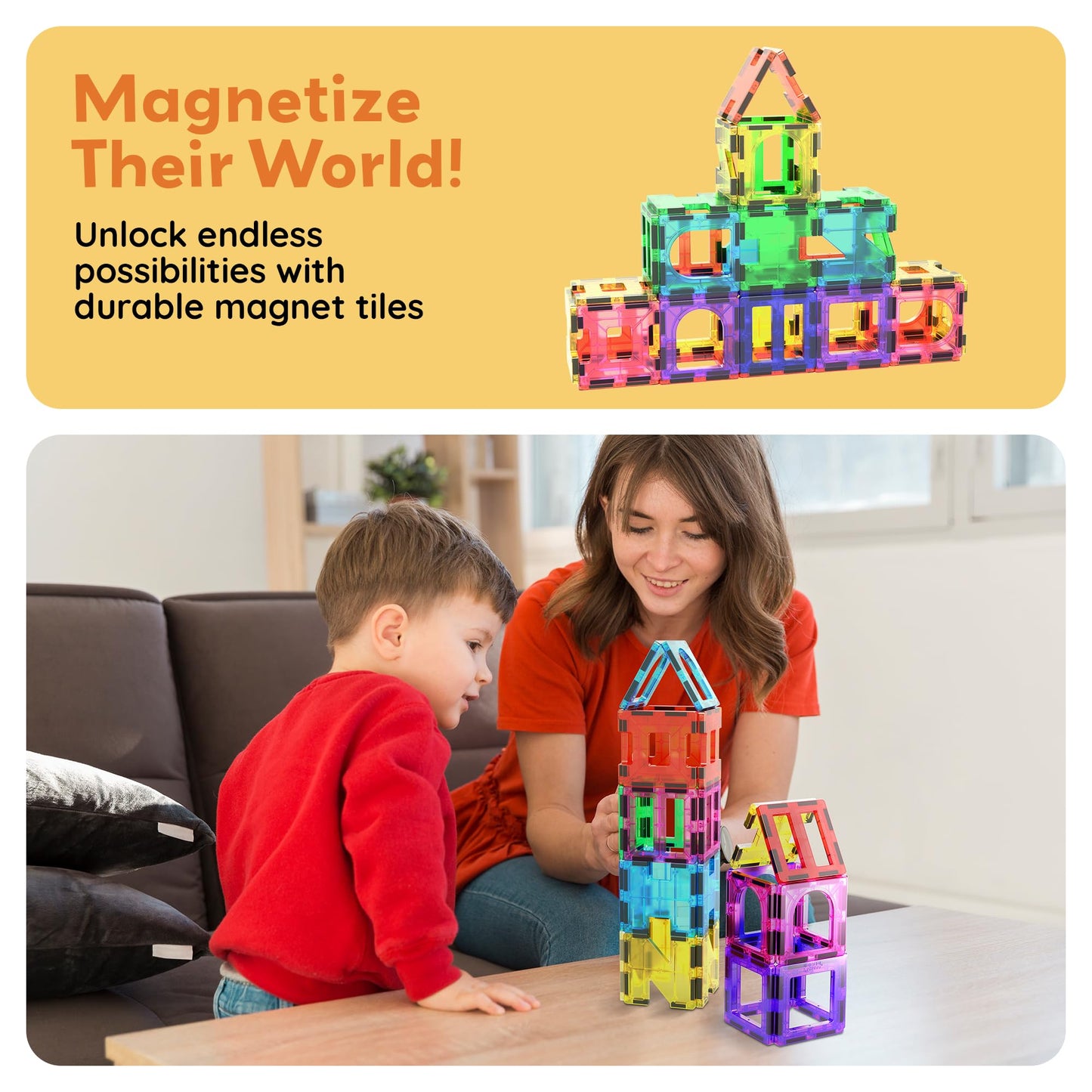 PicassoTiles 42pcs Magnetic Tiles Magnet Blocks See-Through Shape STEM Toys Building Block Educational Playset Compatible with Major Brand Tile -Starter Set for Boys and Girls Toddlers Ages 3+ PT42