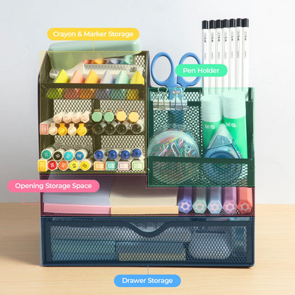 M&G Mesh Pen Holder for Desk, Multi-Functional Pencil Holder with Drawer Desk Organizer, Large Capacity Office Desk organizers and Accessories (Black)