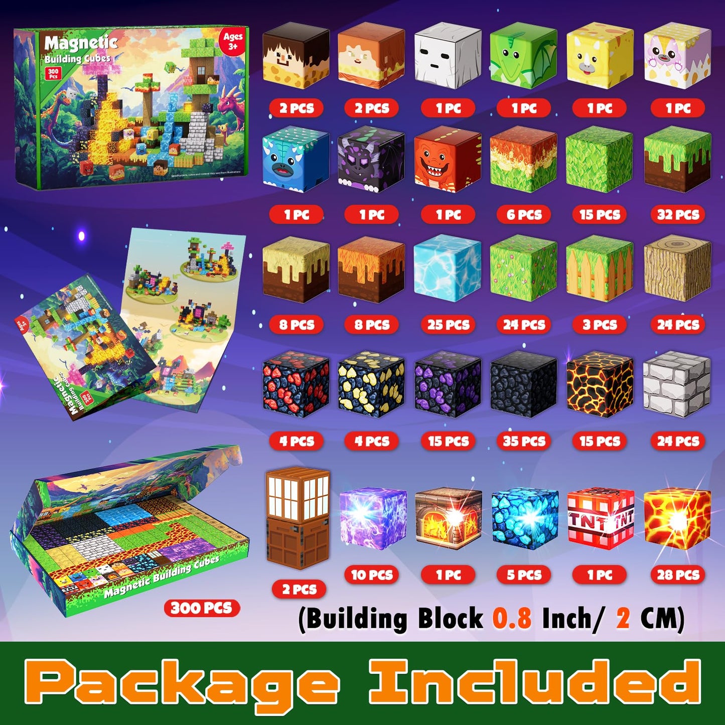 300 PCS Magnetic Blocks with Light Blocks - Easter Toys for Boys and Girls Age 3+ Years Old, Magnet Tiles Toys for Kids, Boys and Girls, Magnetic Building Blocks Cubes, Stacking Magnets for Kids
